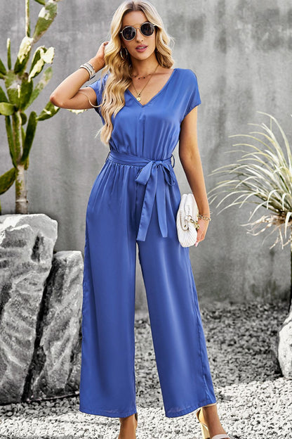 Tie Belt V-Neck Short Sleeve Jumpsuit