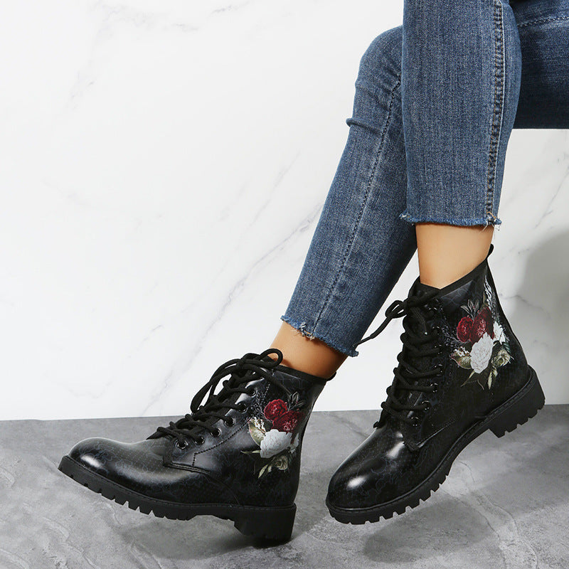 Halloween Shoes Rose Flower Print Lace-up Ankle Boots Women