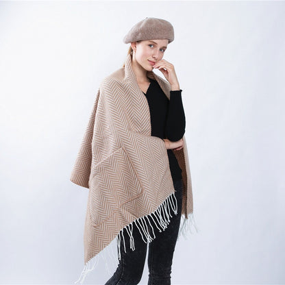 Herringbone Fringe Pocket Shawl Scarf Women