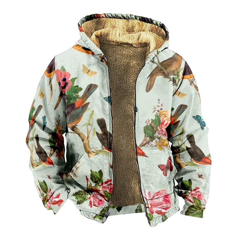 Retro Coconut Tree Element 3D Digital Printing Casual Loose-fitting Hoodie Zipped Cotton-padded Jacket Coat