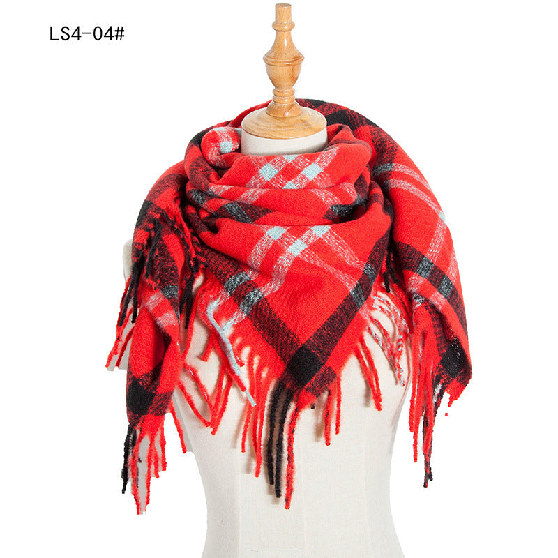 Yarn Stripe Grid Polyester Long Fringed Bristles Square Scarf Women Men's Bib Shawl