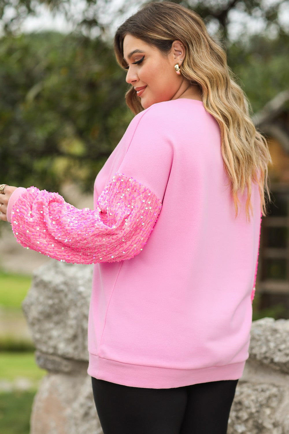 Plus Size XOXO Heart Sequin Round Neck Sweatshirt