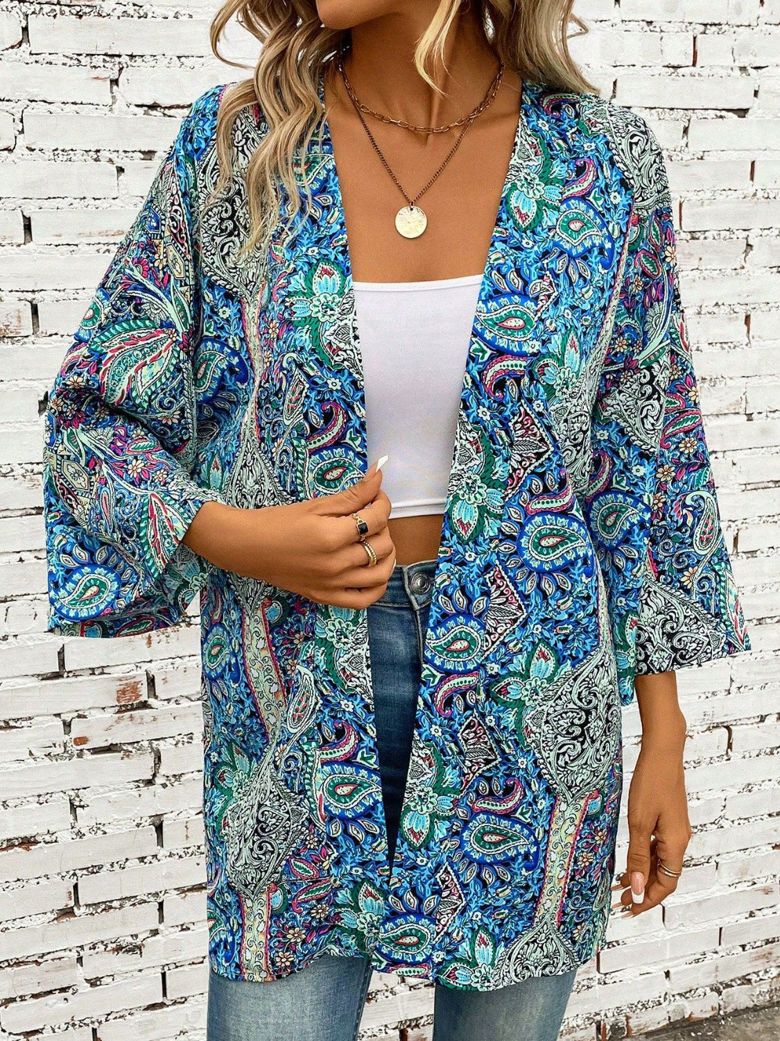 Printed Open Front Three-Quarter Sleeve Cover Up