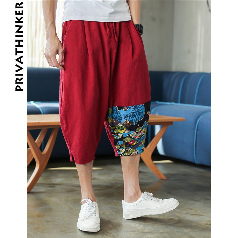 Sinicism Shop Mens Cotton Linen Harem Pants Male Casual Red Bottom Calf-Length Pants Man Summer Harajuku Baggy Loose Pants