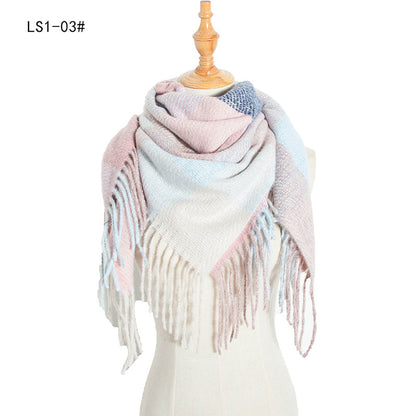 Yarn Stripe Grid Polyester Long Fringed Bristles Square Scarf Women Men's Bib Shawl