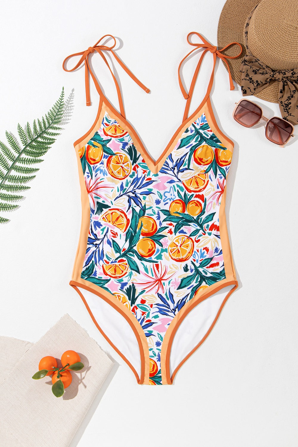 Printed V-Neck Tie Shoulder One-Piece Swimwear