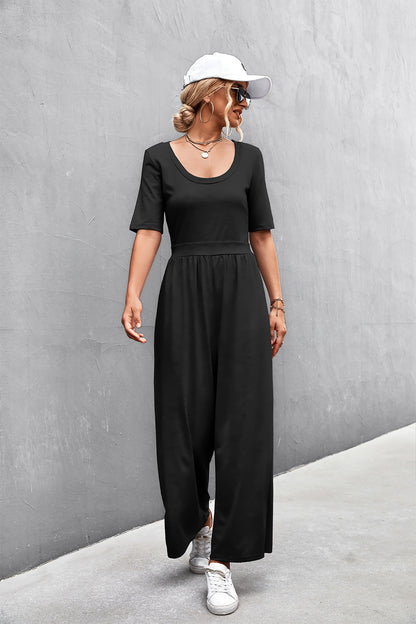 Scoop Neck Half Sleeve Wide Leg Jumpsuit