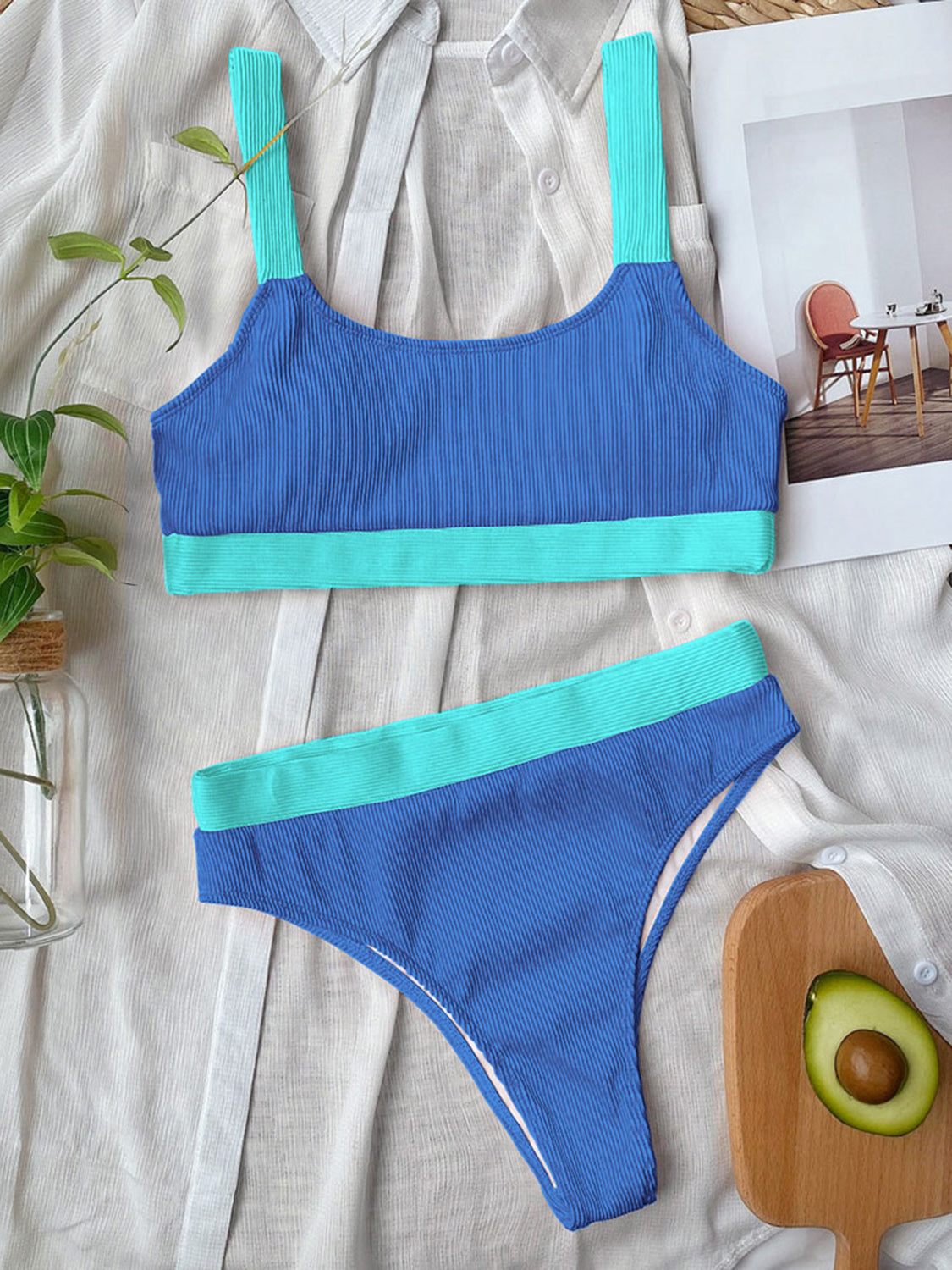 Contrast Scoop Neck Wide Strap Two-Piece Swim Set