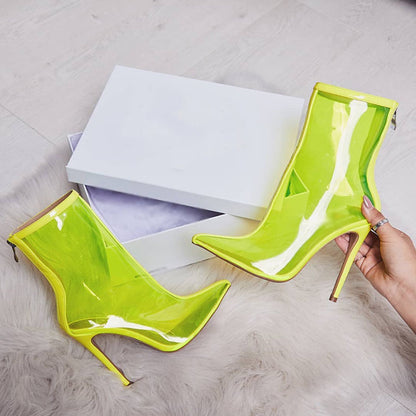 Colorful Transparent Stiletto Heel Back Zip Short Boots For Women