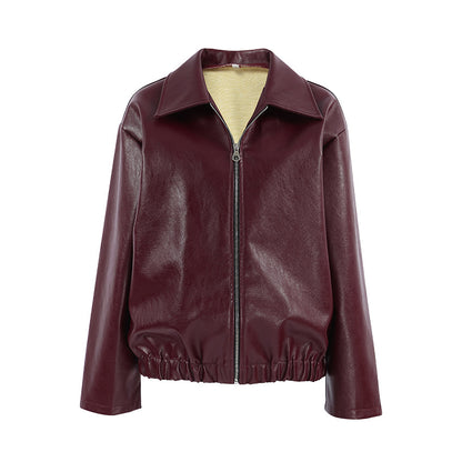 Retro Biker's Style Wine Red European And American Handsome Matte Leather Jacket Coat