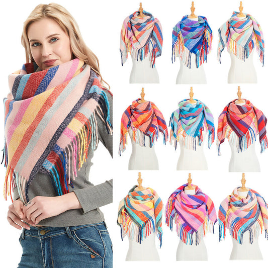 Yarn Stripe Grid Polyester Long Fringed Bristles Square Scarf Women Men's Bib Shawl