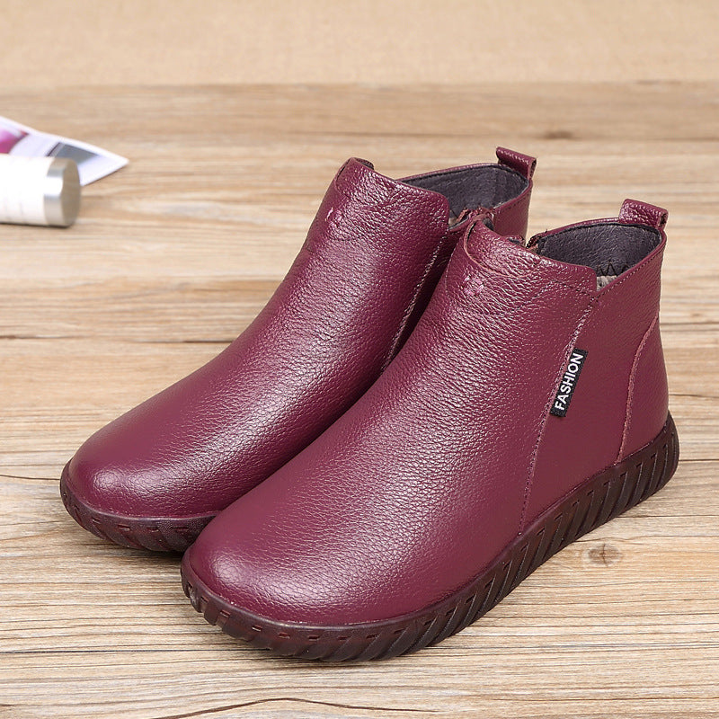 Leather cotton shoes women short boots non-slip