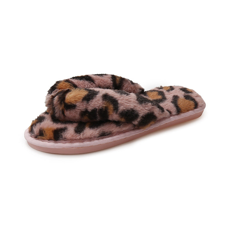 New Leopard Cross Fluffy Slippers Women's Home Indoor Fashion Plush Cotton Slippers Flip-flops Women