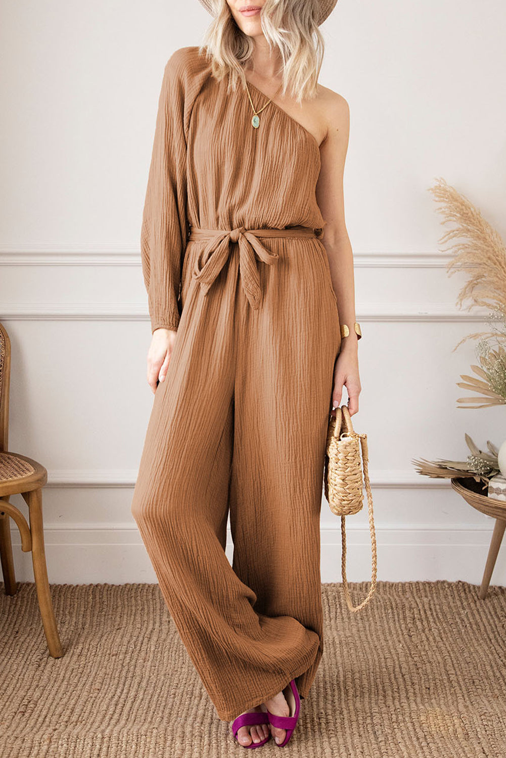 Texture Single Shoulder Tie-Waist Jumpsuit