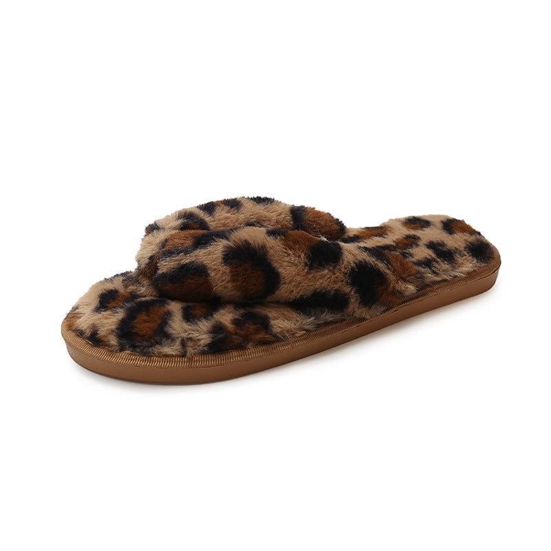 New Leopard Cross Fluffy Slippers Women's Home Indoor Fashion Plush Cotton Slippers Flip-flops Women