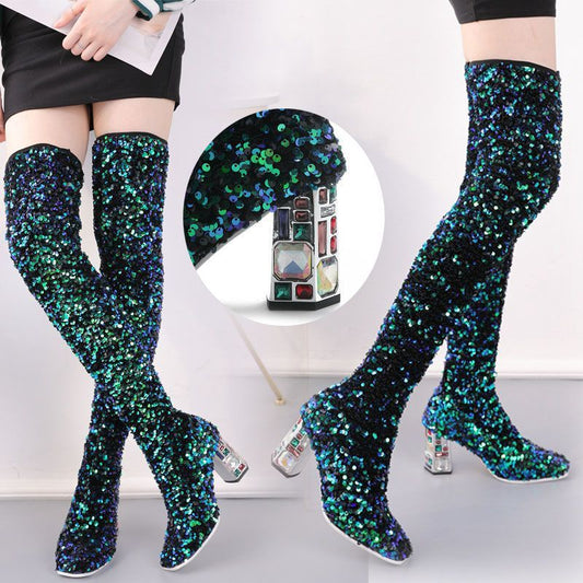 Fashion Sexy Sequin Round Head Hit Color Thick High Heel Over The Knee Large Size Elastic Boots Women