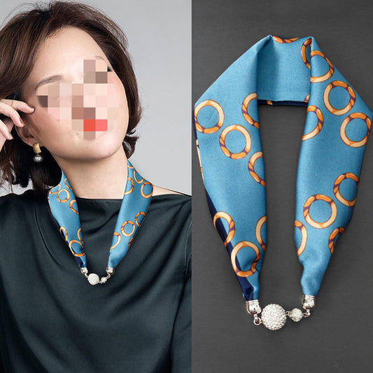 Magnetic Buckle Silk Women Scarf Pearl Necklace