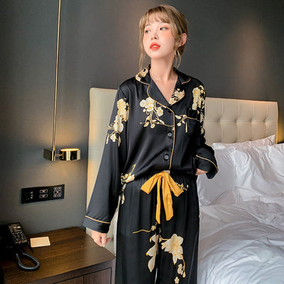 Black Imitation Silk Can Be Worn Outside Couple Pajamas Women