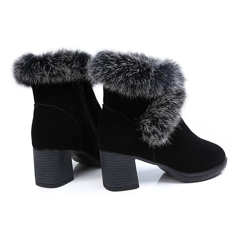 Rabbit Fur Snow Boots Women Cotton Shoes Mid Heel Plus Velvet Thick Warm