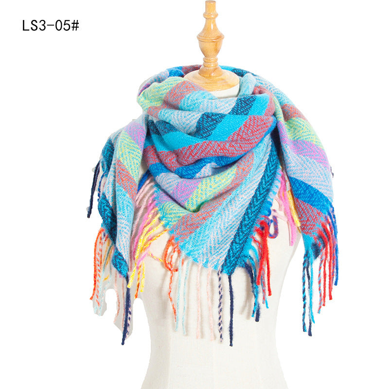 Yarn Stripe Grid Polyester Long Fringed Bristles Square Scarf Women Men's Bib Shawl