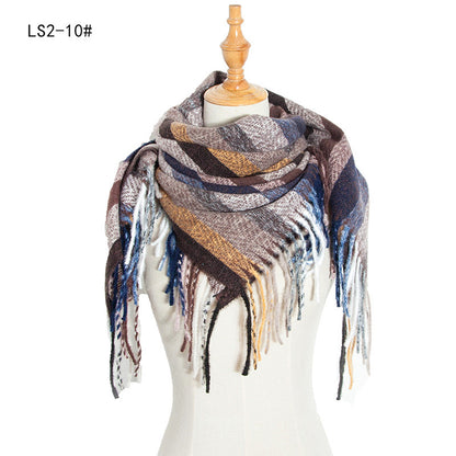 Yarn Stripe Grid Polyester Long Fringed Bristles Square Scarf Women Men's Bib Shawl