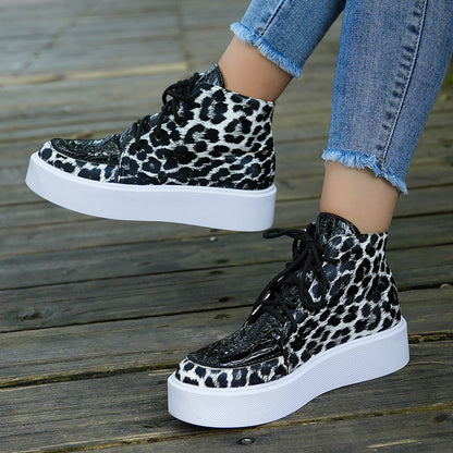 Autumn New High-top Leopard Print Flat-heeled Platform Lace Color Block Casual Women's Shoes