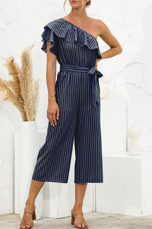 Ruffled Single Shoulder Tie Waist Jumpsuit