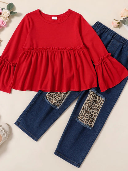 Ruffle Trim Top and Leopard Pants Set