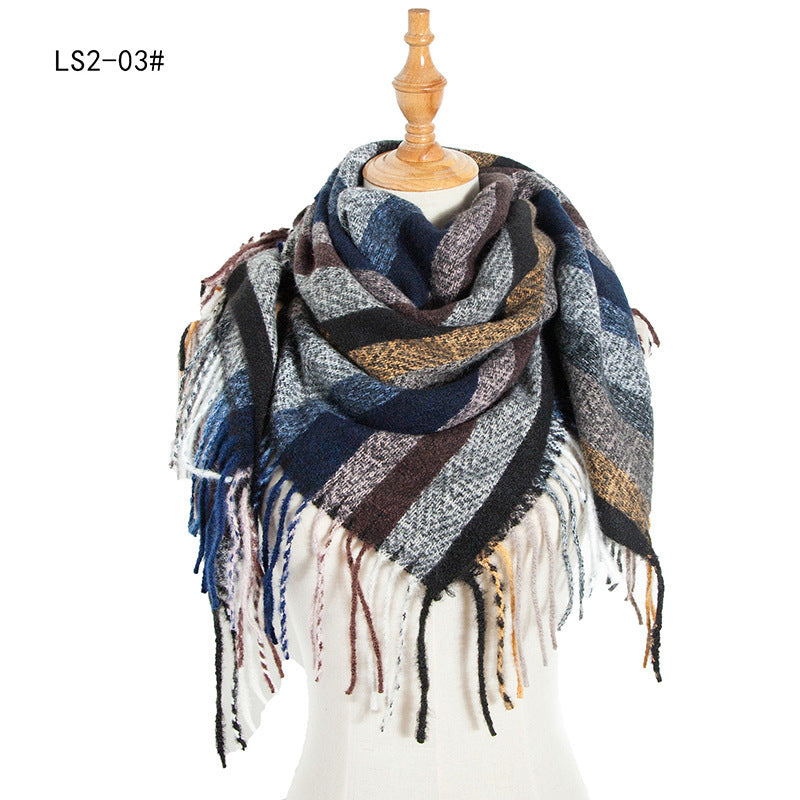 Yarn Stripe Grid Polyester Long Fringed Bristles Square Scarf Women Men's Bib Shawl