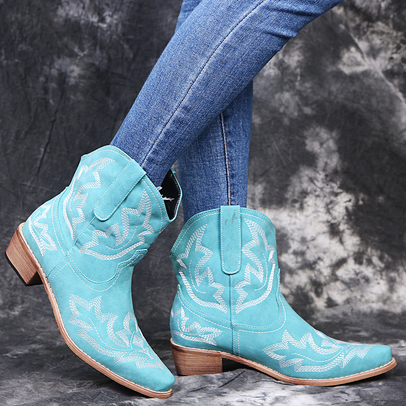 Cowboy Boots Women Embroidery Wedge Heel Shoes Western Cowgirl Boots