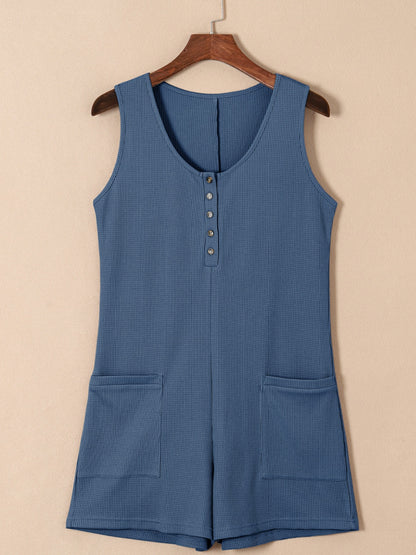 Waffle-Knit Half Button Sleeveless Romper with Pockets