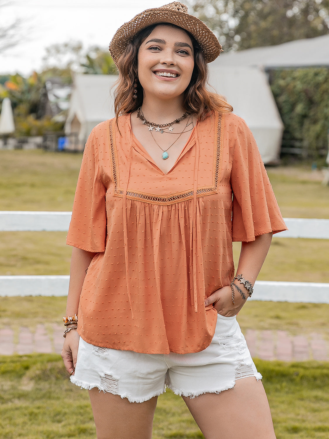 Plus Size Ruched Tie Neck Half Sleeve Blouse