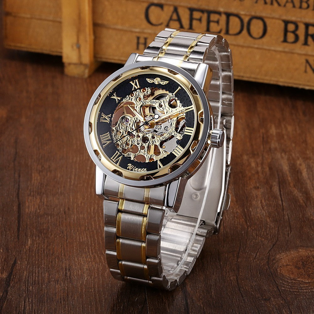 The winner men's fashion business casual space engraved gold watchband manual mechanical watches