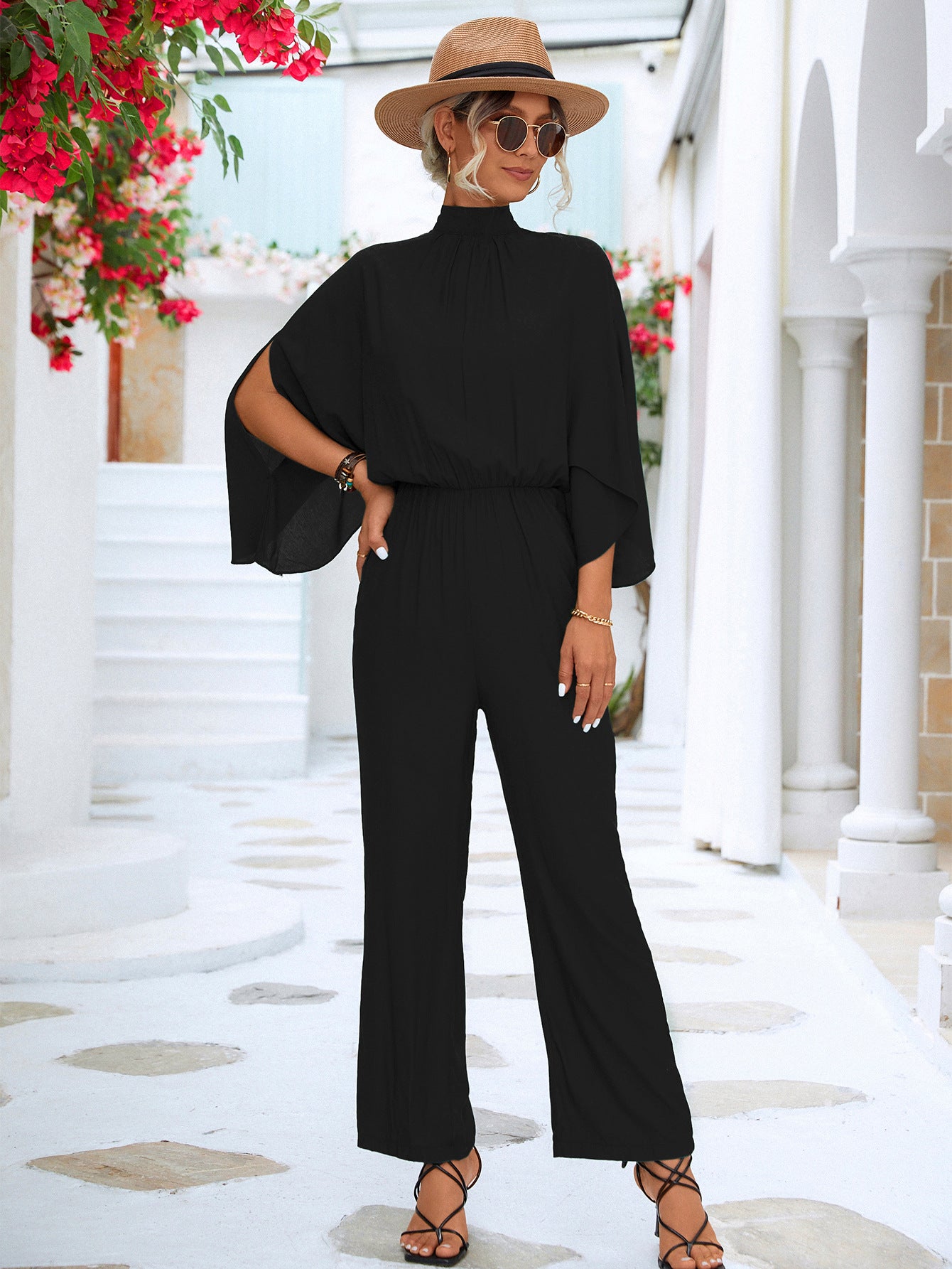 Tie Back Mock Neck Split Sleeve Jumpsuit