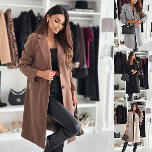 Lapel Single-breasted Wool Coat Winter Long Sleeve Solid Color Long Jacket Women Clothing