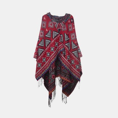 Geometric Fringe Hem Hooded Shawl