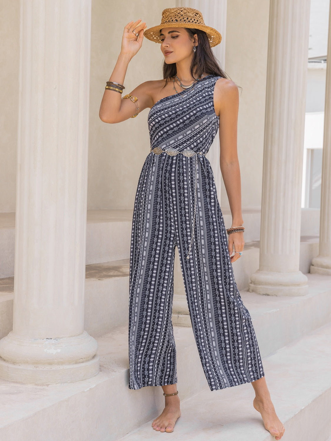 Printed Single Shoulder Sleeveless Jumpsuit