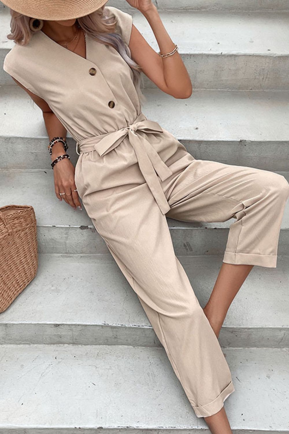 Capped Sleeve Belted V-Neck Jumpsuit