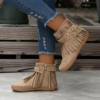 Studded Fringe Round Toe Boots