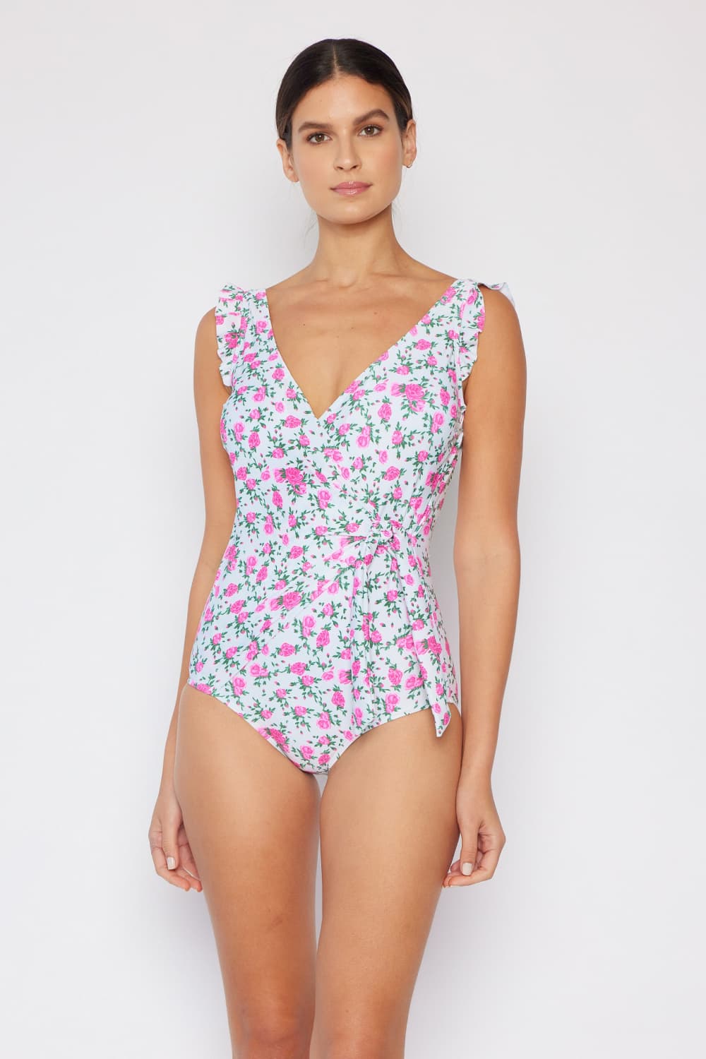 Marina West Swim Volgrootte Float On Ruffle Faux Wrap Eenstuk in Roses Naaswit