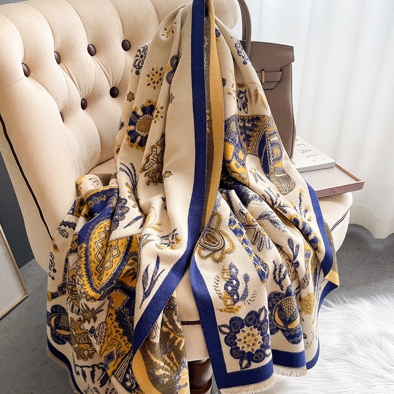 Women Double Sided Retro Carriage Warm Scarf