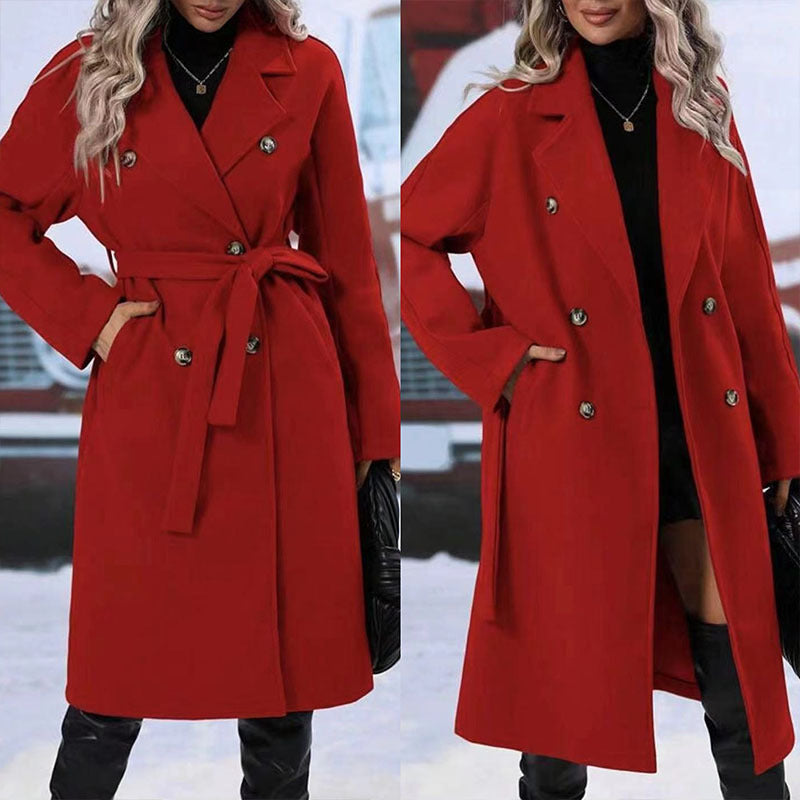 Lapel Double-breasted Trench Coat With Belt Winter Fashion Solid Color Long Jacket Outwear Women Clothing