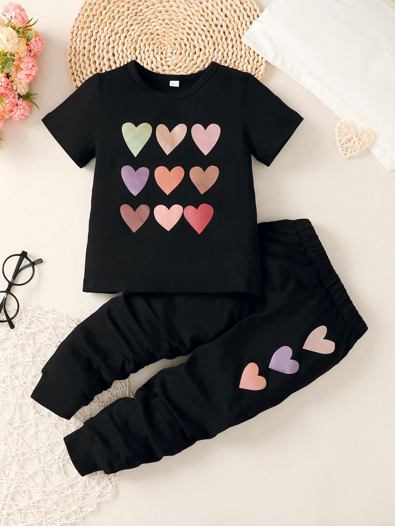 Girls Heart Print T-hemp en Joggers Set