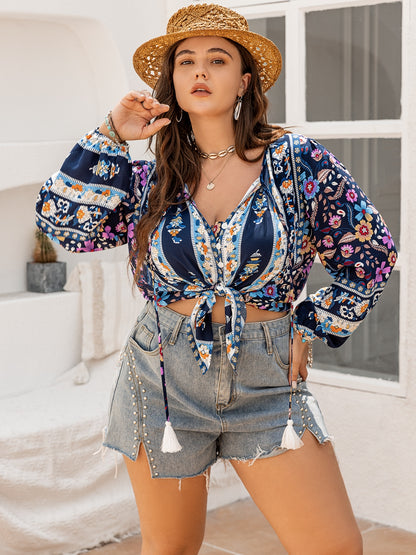 Plus Size Tie Neck Tassel Printed Blouse