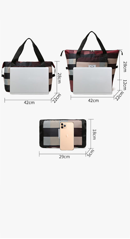 Foldable Plaid Travel Bag Fashion Shoulder Large Capacity Business Trip Short Distance Luggage Bag Gym Bag Portable Storage Bag