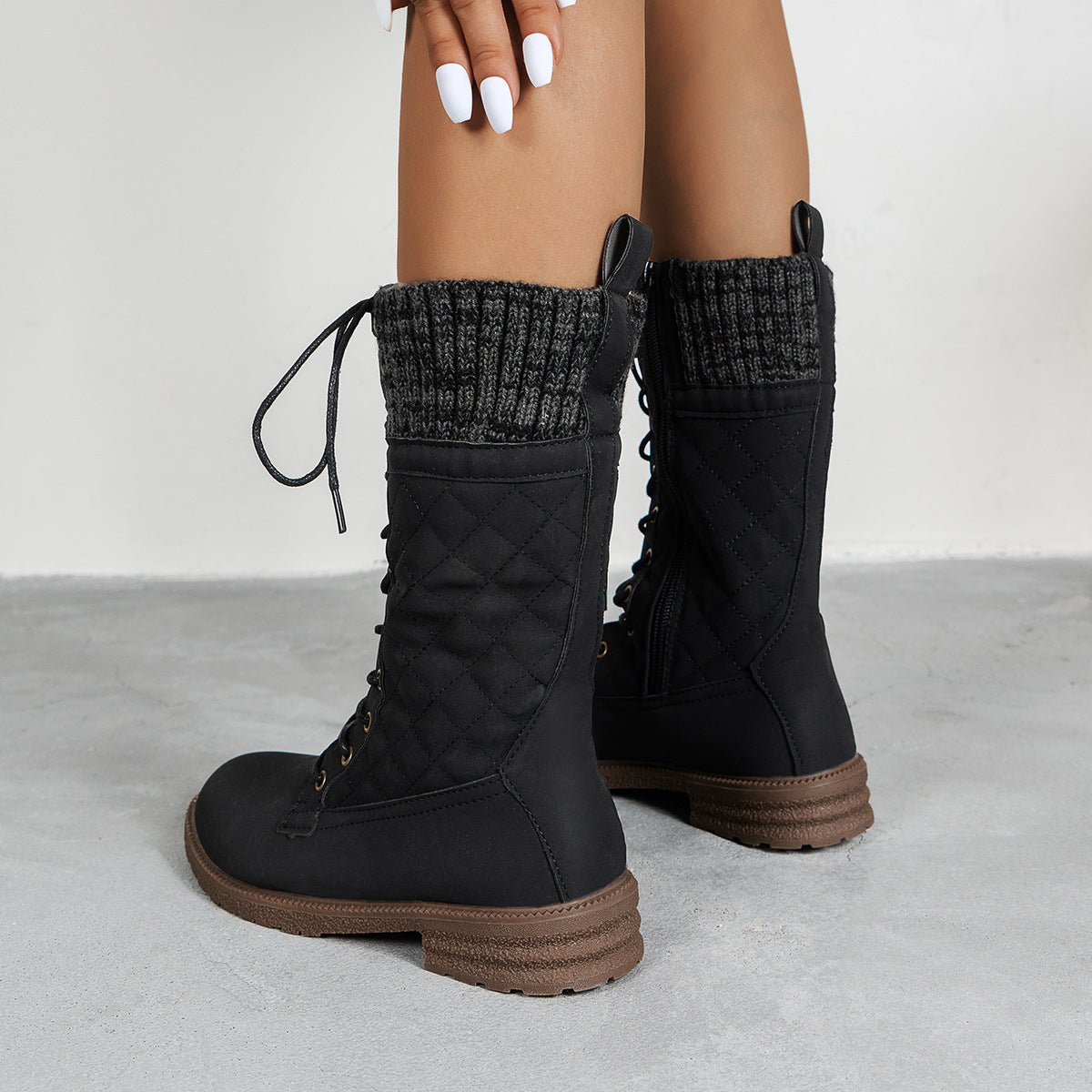 Lace Up Boots Winter Cowboy Boots Women Block Heel Round Toe Shoes