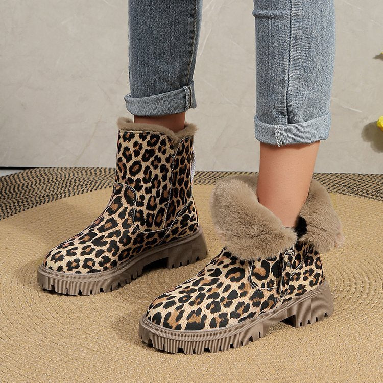 Plus Size Leopard Print Ankle Boots Women Round Toe Woolen Cotton Comfortable Flat