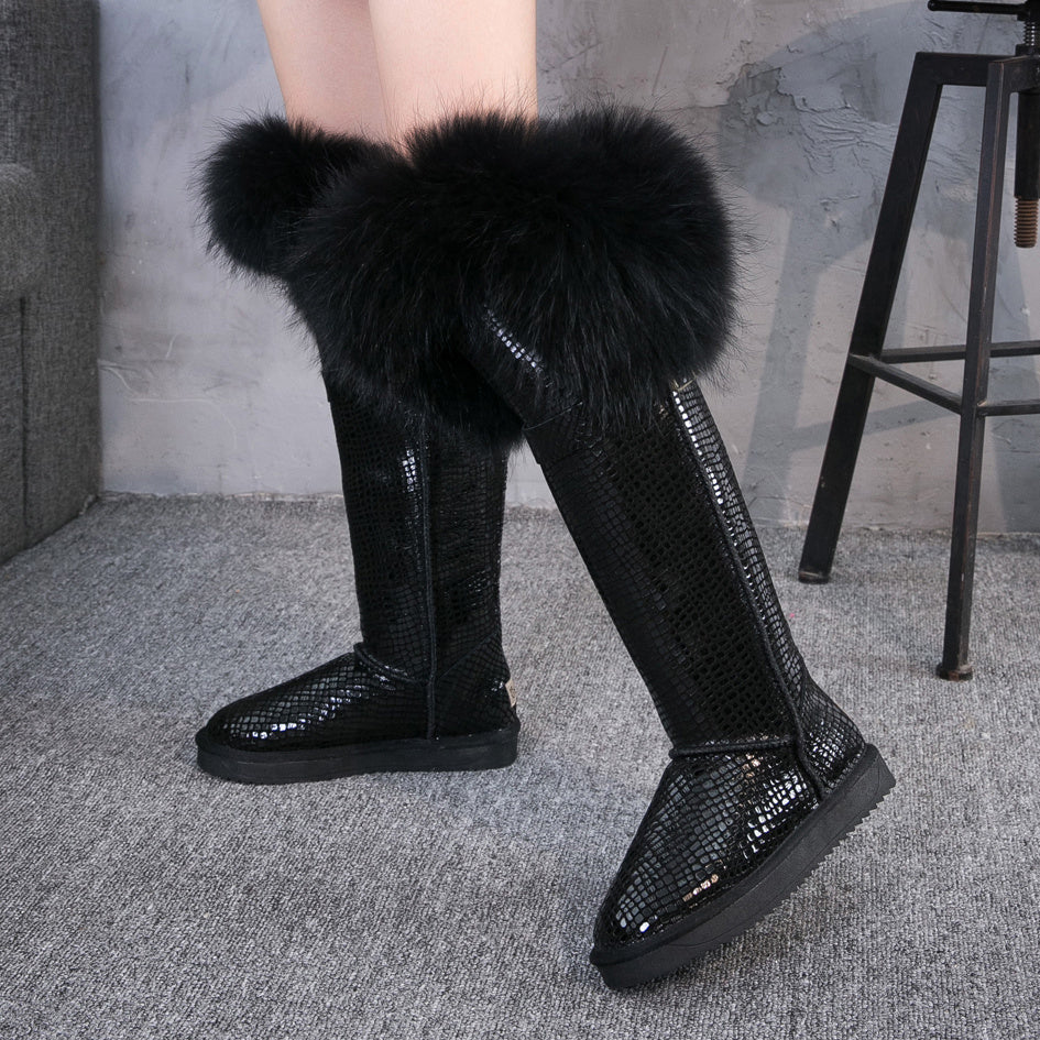 Leather Hair Knee High Boots For Women