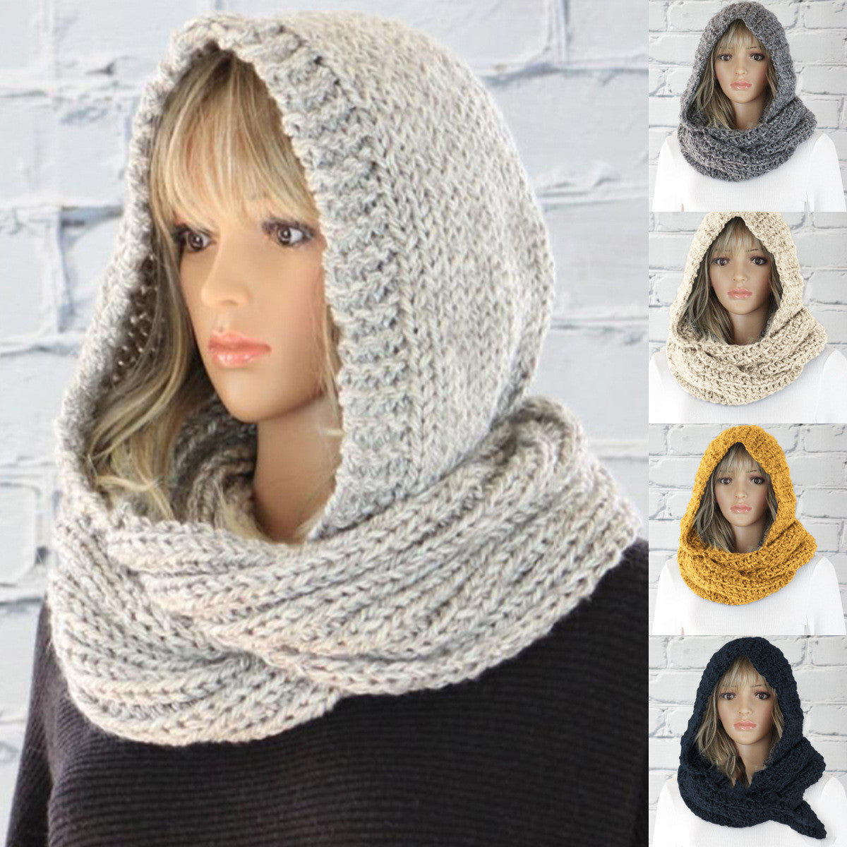 European And American Amazon Fashion Hooded Bib Women Pure Color Woolen Knitted Scarf