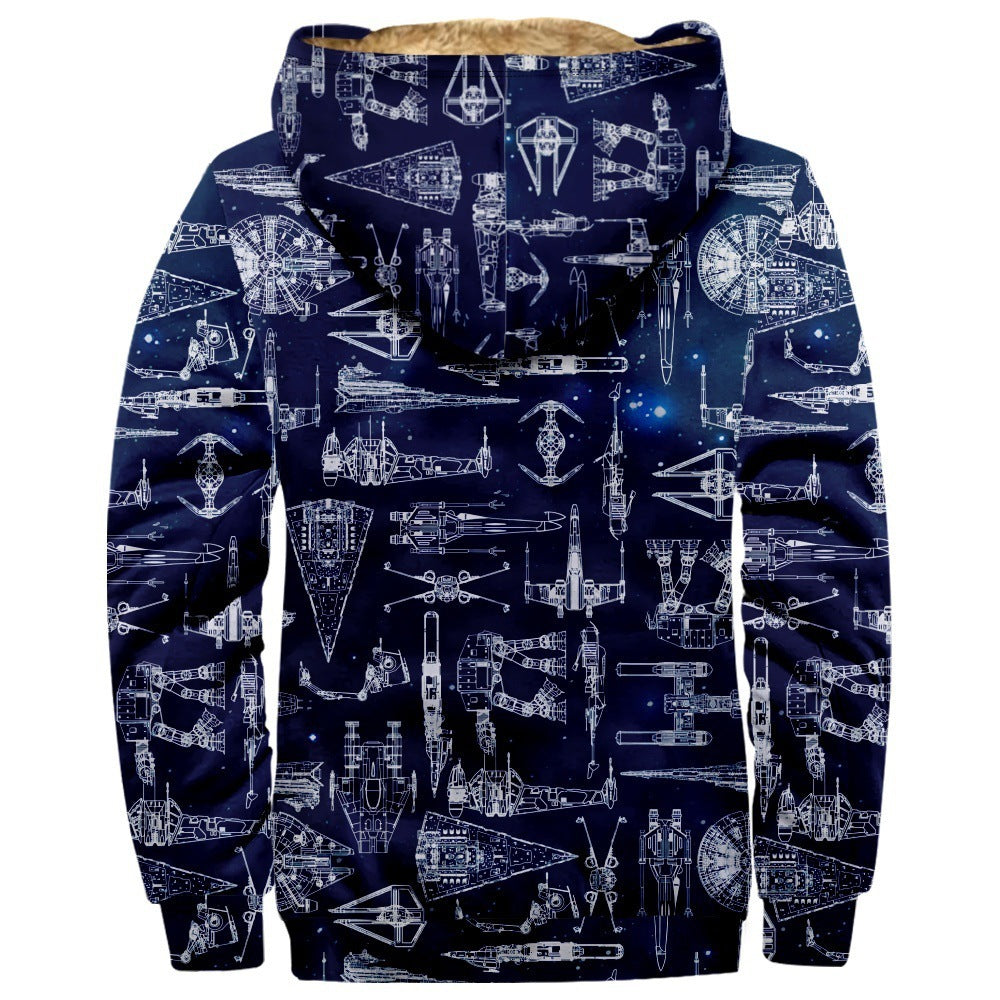 Retro Coconut Tree Element 3D Digital Printing Casual Loose-fitting Hoodie Zipped Cotton-padded Jacket Coat